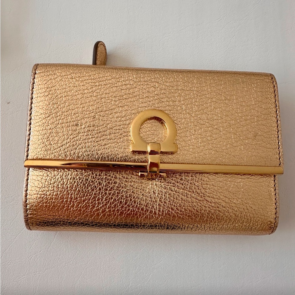 Ferragamo Gold Pebbled Leather Wallet